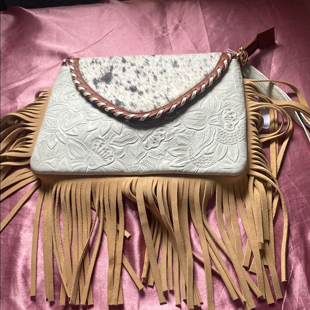 White and tan cow print leather fringe new crossbody.